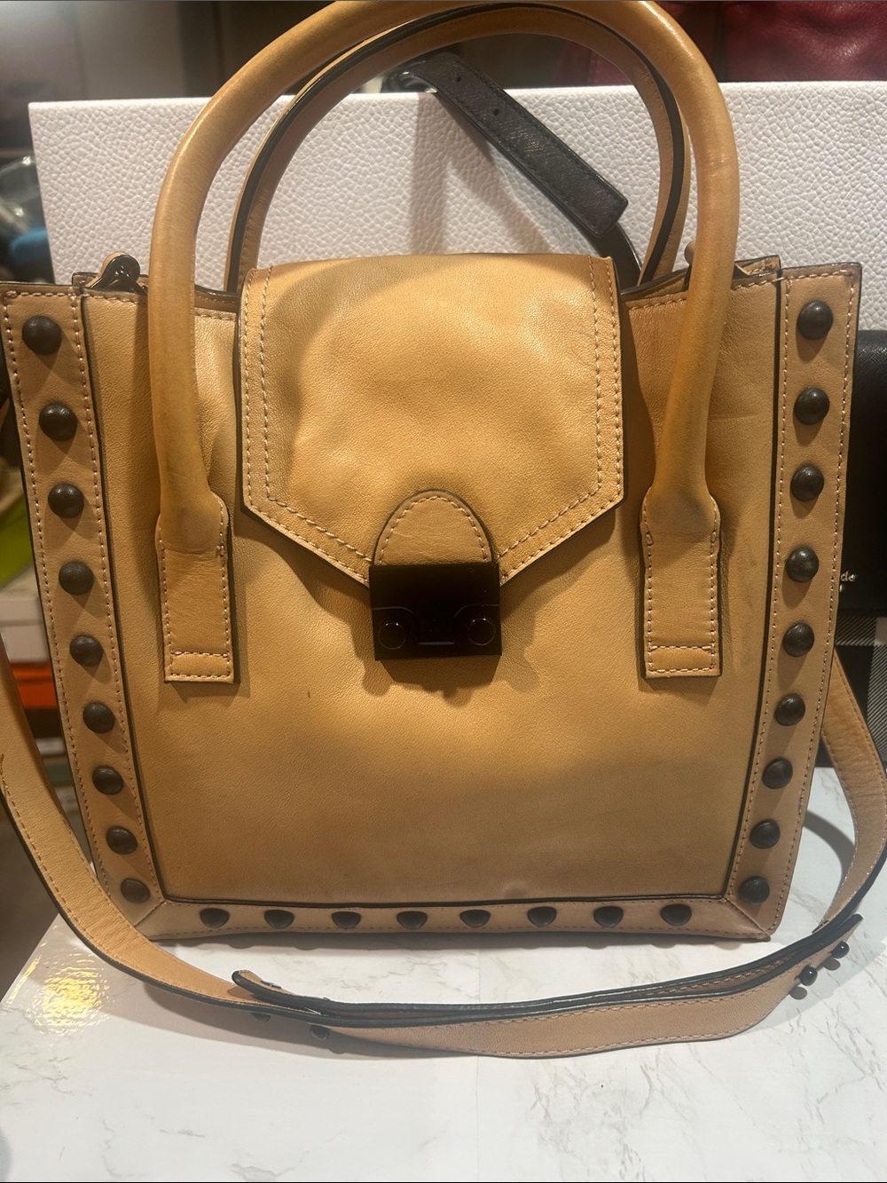 Loeffler Randall Leather Stud-Trim Satchel Bag in Tan